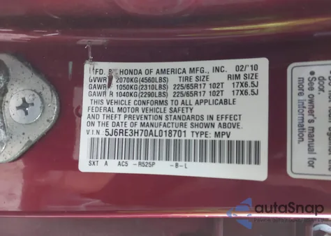 2010 Honda Cr-V Ex-L из США, поврежденный, VIN 5J6RE3H70AL018701